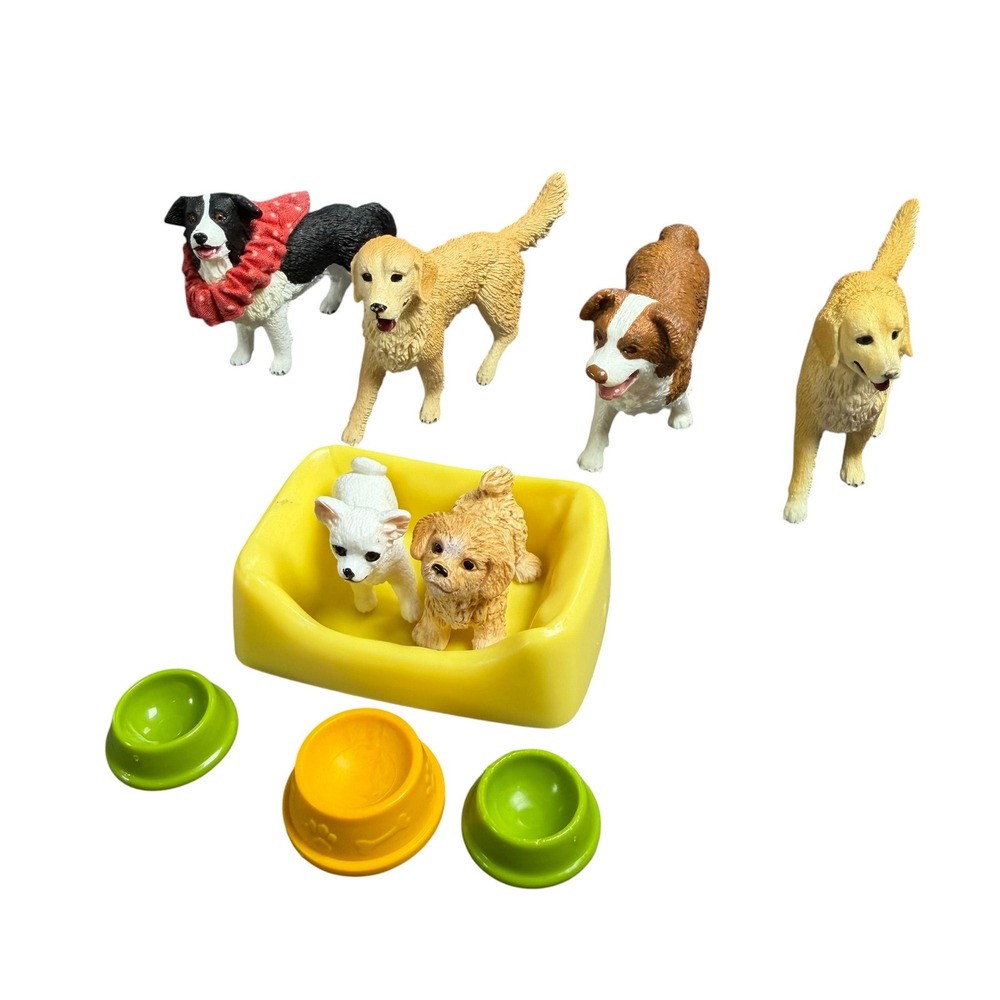 Schleich Dog Figurine Lot Golden Retriever Border Collie Puppies Bed Bowls 10pc